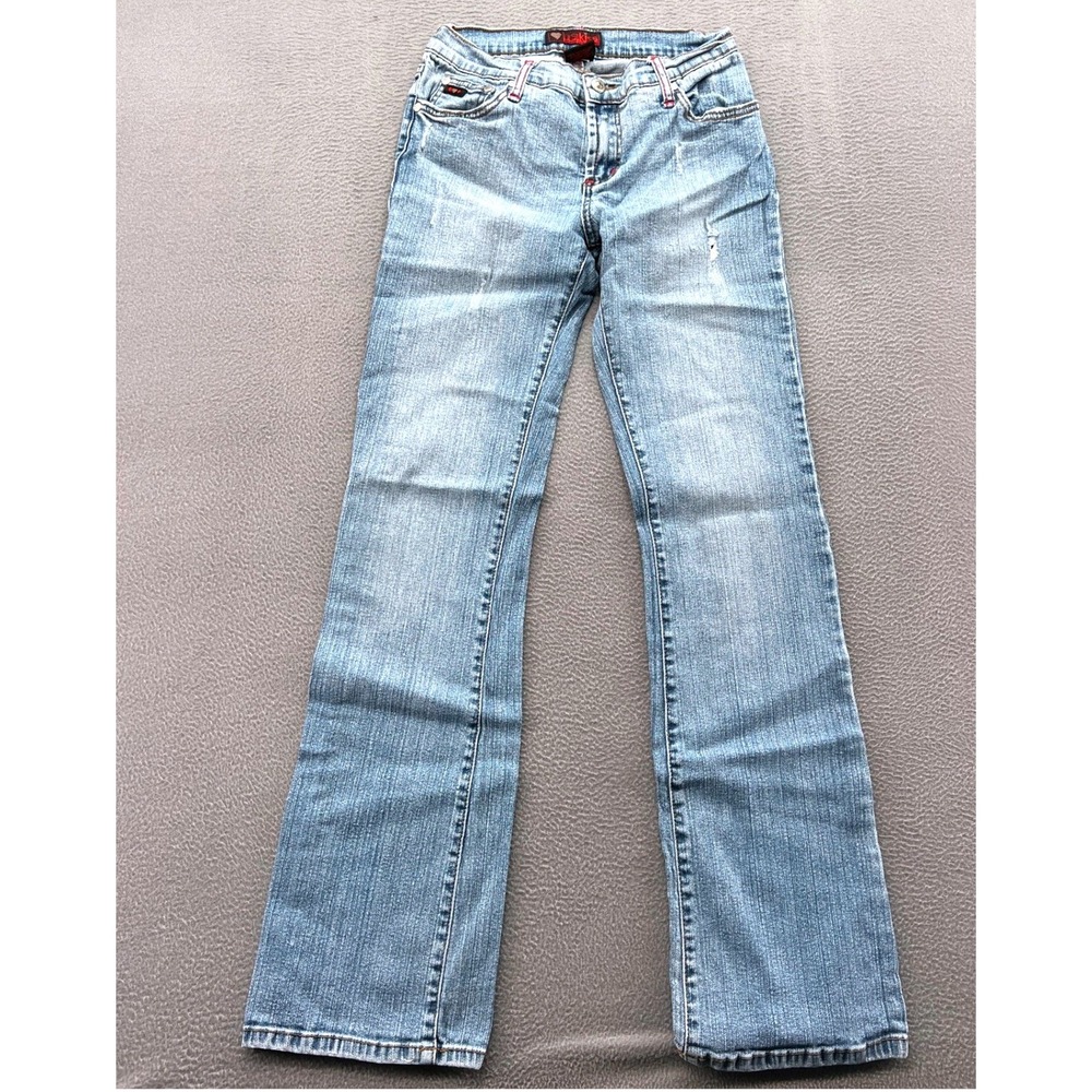 First Kiss Jeans Womens 7 Low Rise Bootcut Light Wash Denim Red Stitching Y2K